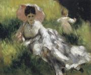 Pierre Renoir Woman with a Parasol and Small Child on a Sunlit Hillside oil painting artist